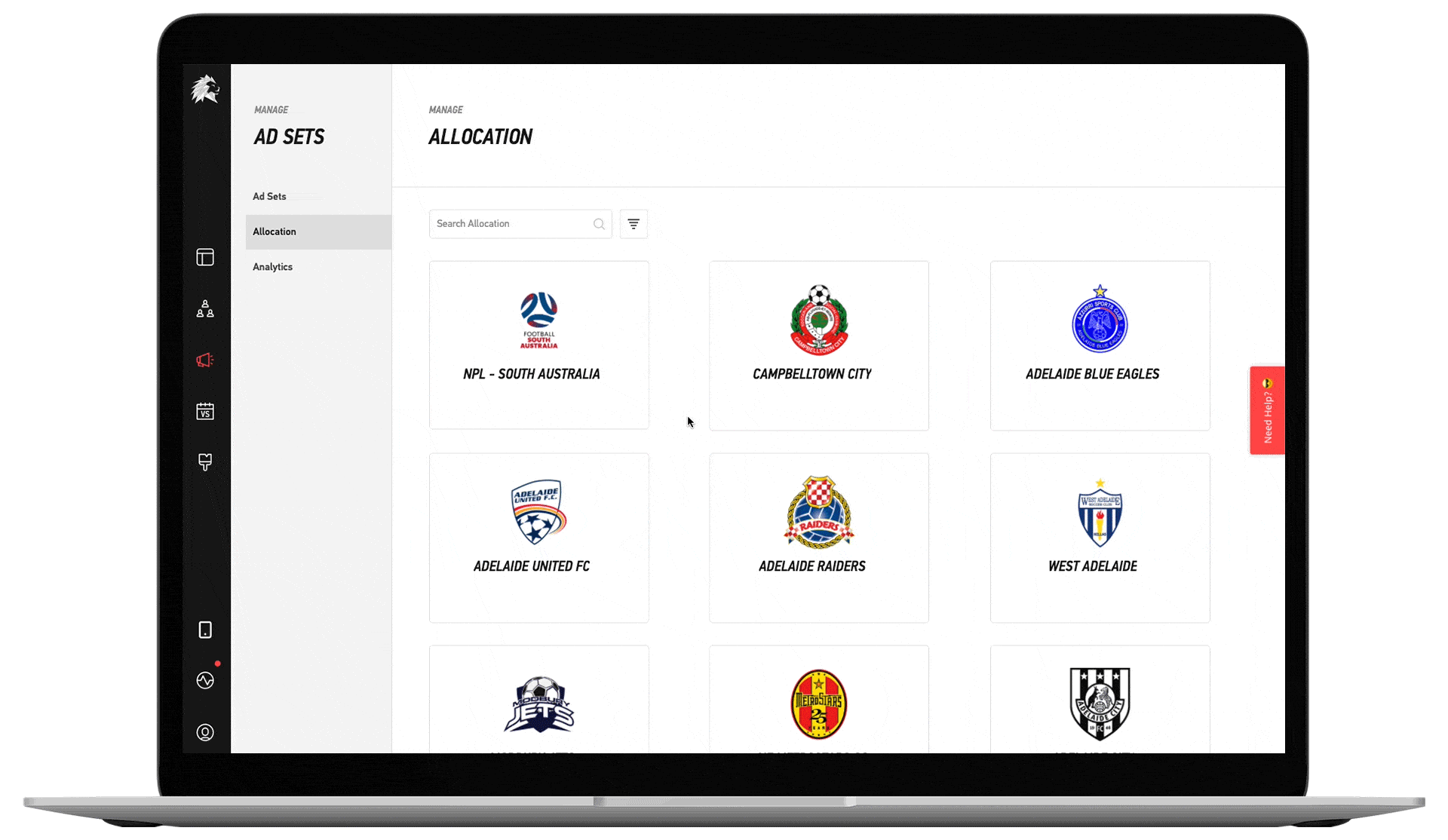 Football SA ad set allocation dashboard, showing teams and competitions. Powered by LIGR.Live.