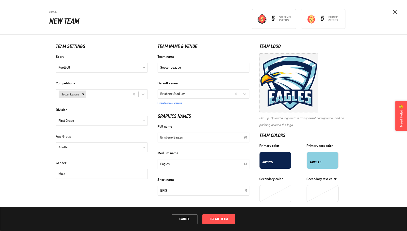 Create your first team, complete the required details and click "Create Team".