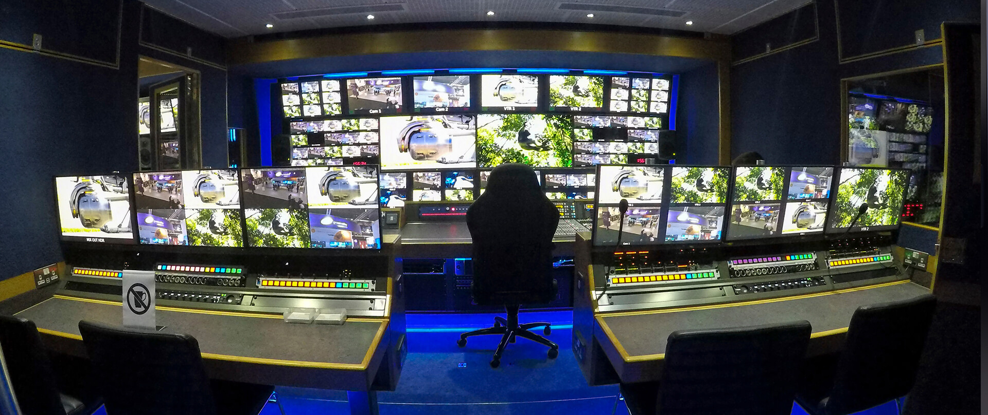 The inside of a section of an outside broadcast truck.