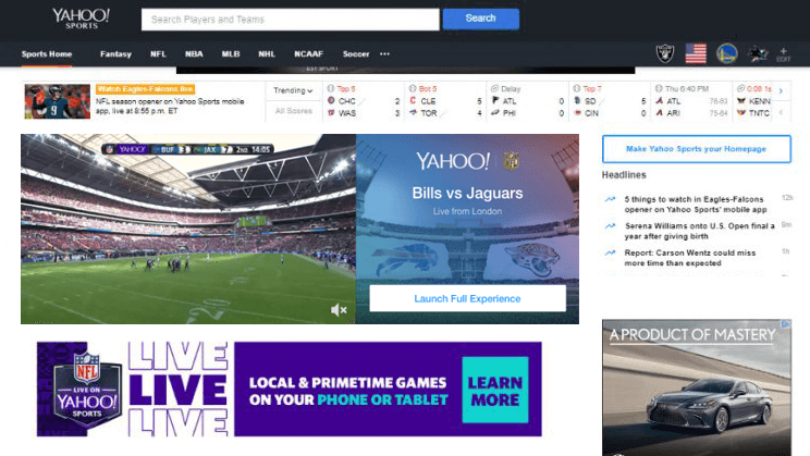 Clickable digital ads positioned around a Yahoo NFL live stream.